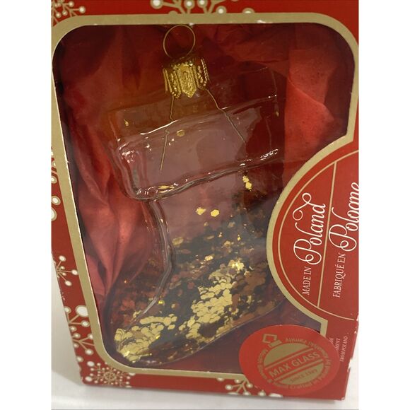 Hand Blown Christmas Ornament Kowalski Poland Glitter Filled Clear Stocking - Picture 3 of 4